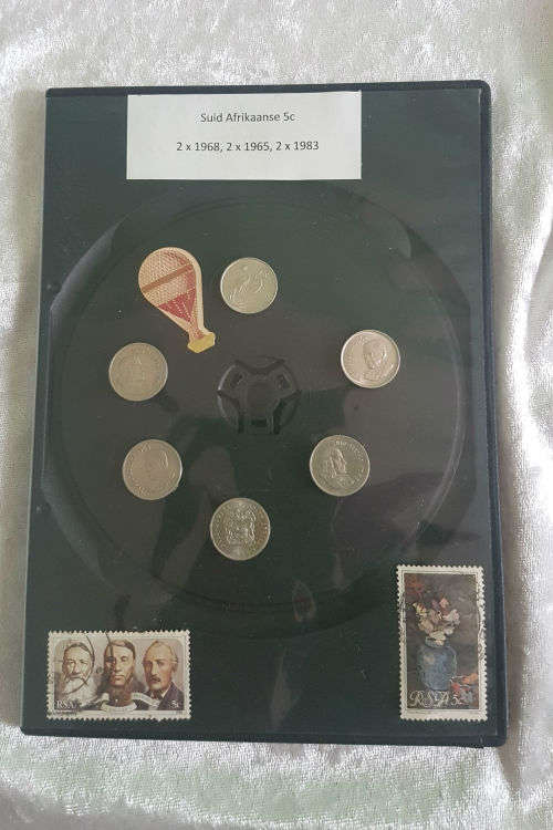 South Africa Coin and Stamp Combo-5 cents 1965 x2,1968 x2,and 1983 x 2 and stamps(see all R1 auction