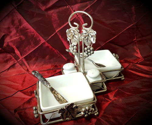 Vintage EPNS and Porcelain breakfast set -2 x Bowls , salt and peppar pots butter knife and spoon