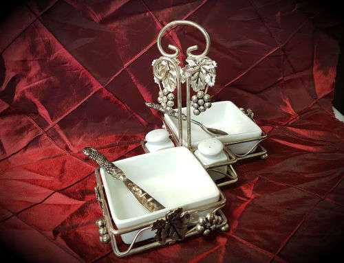 Vintage EPNS and Porcelain breakfast set -2 x Bowls , salt and peppar pots butter knife and spoon