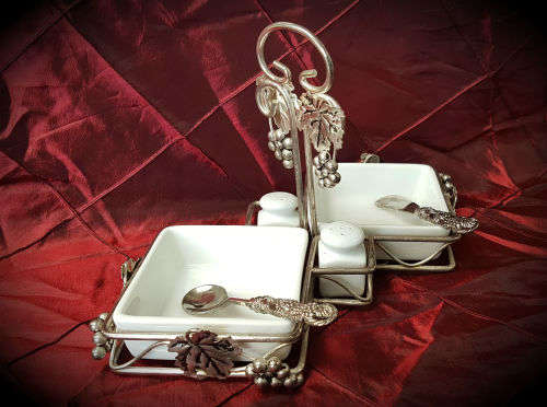 Vintage EPNS and Porcelain breakfast set -2 x Bowls , salt and peppar pots butter knife and spoon