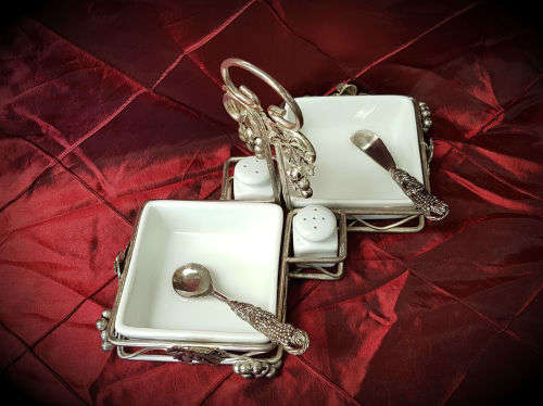 Vintage EPNS and Porcelain breakfast set -2 x Bowls , salt and peppar pots butter knife and spoon