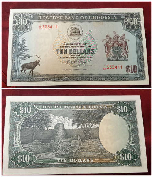 Uncirculated 3rd December 1975 Rhodesia Ten Dollar Note- Perfect Condition-Rhodes as watermark
