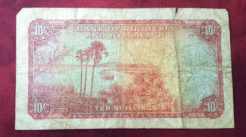 Circulated 15th April 1957 Bank of Rhodesia & Nyasaland 10 Shiling Note- Rhodes watermark