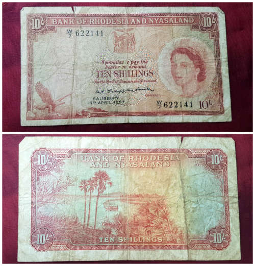 Circulated 15th April 1957 Bank of Rhodesia & Nyasaland 10 Shiling Note- Rhodes watermark