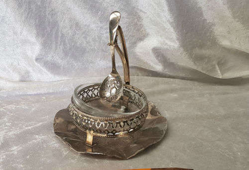 Antique/Vintage Jam Pot Jelly Jar EPNS and Glass with spoon 160x160mm