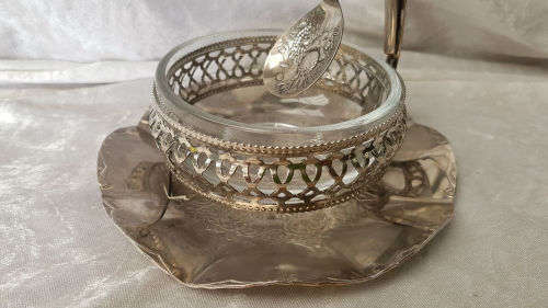 Antique/Vintage Jam Pot Jelly Jar EPNS and Glass with spoon 160x160mm