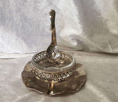 Antique/Vintage Jam Pot Jelly Jar EPNS and Glass with spoon 160x160mm