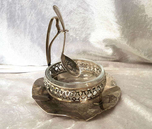 Antique/Vintage Jam Pot Jelly Jar EPNS and Glass with spoon 160x160mm