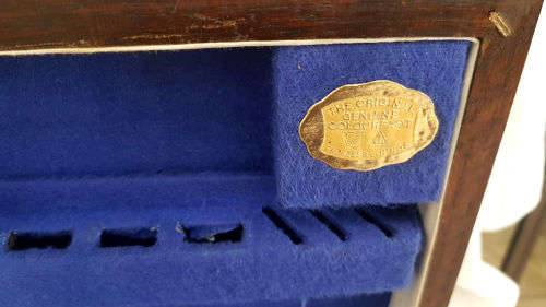 1930's Vintage Cutlery wooden Cabinet Sterling Silver engraved Plate plus 13 odd Bone Handle Cutlery