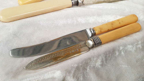 1930's Vintage Cutlery wooden Cabinet Sterling Silver engraved Plate plus 13 odd Bone Handle Cutlery