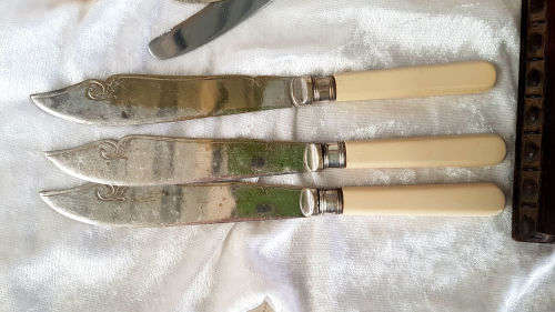 1930's Vintage Cutlery wooden Cabinet Sterling Silver engraved Plate plus 13 odd Bone Handle Cutlery
