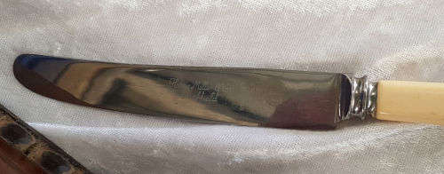 1930's Vintage Cutlery wooden Cabinet Sterling Silver engraved Plate plus 13 odd Bone Handle Cutlery