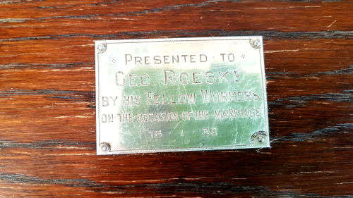 1930's Vintage Cutlery wooden Cabinet Sterling Silver engraved Plate plus 13 odd Bone Handle Cutlery