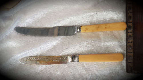 1930's Vintage Cutlery wooden Cabinet Sterling Silver engraved Plate plus 13 odd Bone Handle Cutlery