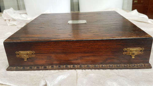 1930's Vintage Cutlery wooden Cabinet Sterling Silver engraved Plate plus 13 odd Bone Handle Cutlery