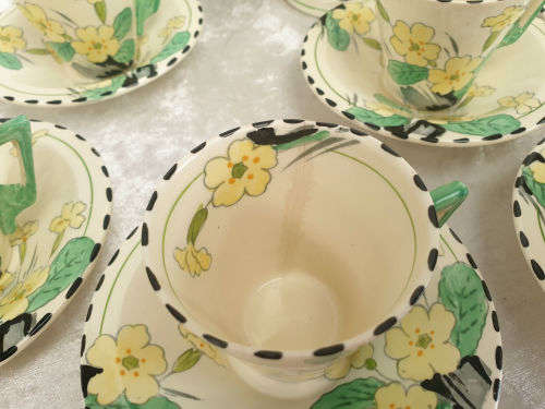 Vintage Art Deco Burleigh ware Zenith Primrose Teapot with 8 duo's -one cup repaired