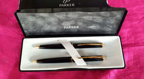 Vintage Black and Gold Parker Pen and Pencil set U.K with standard bank logo in origanal Packaging