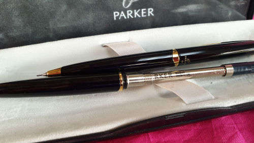 Vintage Black and Gold Parker Pen and Pencil set U.K with standard bank logo in origanal Packaging