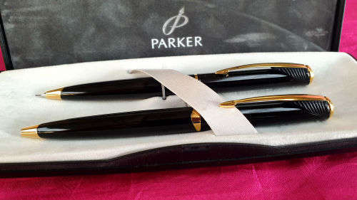 Vintage Black and Gold Parker Pen and Pencil set U.K with standard bank logo in origanal Packaging