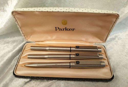 3 Vintage Parkers  Fountain Pen , Rollerball and Cartridge Pencil in Parker Case -England.