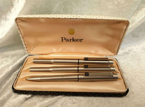 3 Vintage Parkers  Fountain Pen , Rollerball and Cartridge Pencil in Parker Case -England.