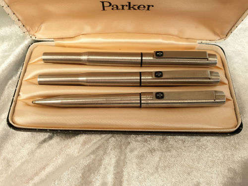 3 Vintage Parkers  Fountain Pen , Rollerball and Cartridge Pencil in Parker Case -England.