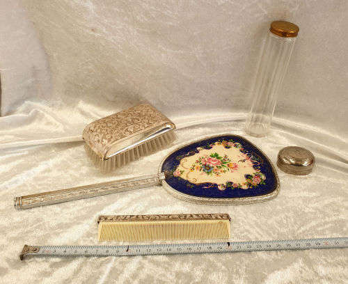 Antique ladies grooming set - Mirror (broken)  Comb. Brush , Bottol and Lid for another Bottle
