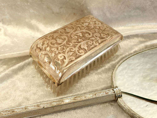 Antique ladies grooming set - Mirror (broken)  Comb. Brush , Bottol and Lid for another Bottle