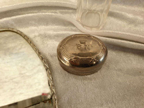 Antique ladies grooming set - Mirror (broken)  Comb. Brush , Bottol and Lid for another Bottle