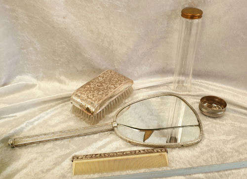 Antique ladies grooming set - Mirror (broken)  Comb. Brush , Bottol and Lid for another Bottle
