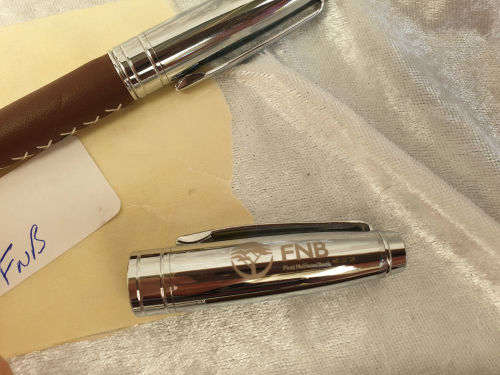 Unused FNB Pen set (Leather covered) in wood and leather box - compare with parker in photos