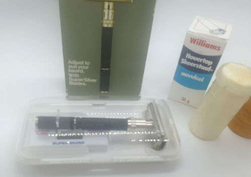 Vintage Gillette Adjustable Razor with 5 Blades original packaging + Williams Shaving stick &brush