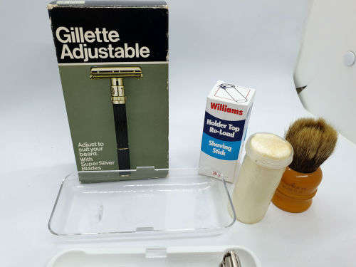 Vintage Gillette Adjustable Razor with 5 Blades original packaging + Williams Shaving stick &brush