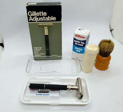 Vintage Gillette Adjustable Razor with 5 Blades original packaging + Williams Shaving stick &brush
