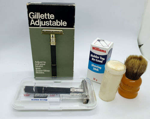Vintage Gillette Adjustable Razor with 5 Blades original packaging + Williams Shaving stick &brush