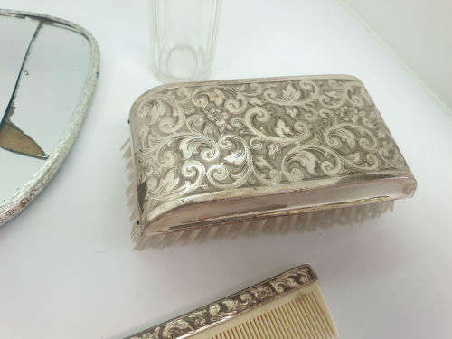 Antique ladies grooming set - Mirror (broken)  Comb. Brush , Bottol and Lid for another Bottle