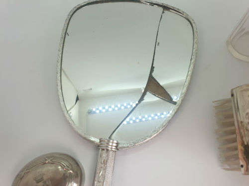 Antique ladies grooming set - Mirror (broken)  Comb. Brush , Bottol and Lid for another Bottle