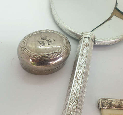 Antique ladies grooming set - Mirror (broken)  Comb. Brush , Bottol and Lid for another Bottle