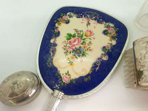 Antique ladies grooming set - Mirror (broken)  Comb. Brush , Bottol and Lid for another Bottle
