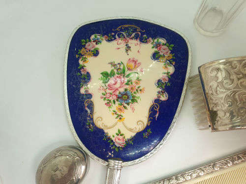 Antique ladies grooming set - Mirror (broken)  Comb. Brush , Bottol and Lid for another Bottle