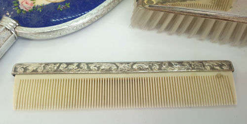 Antique ladies grooming set - Mirror (broken)  Comb. Brush , Bottol and Lid for another Bottle