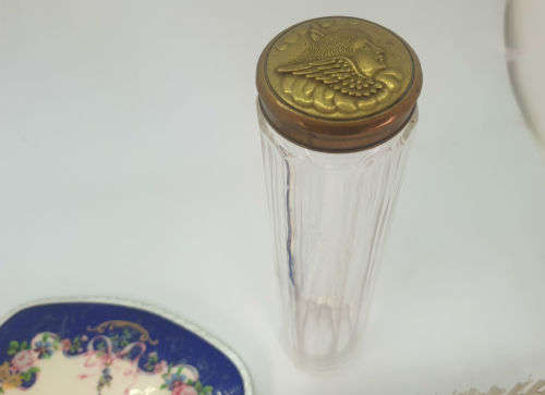 Antique ladies grooming set - Mirror (broken)  Comb. Brush , Bottol and Lid for another Bottle