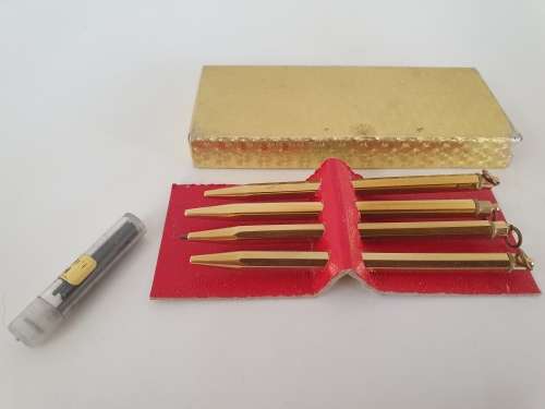 4 Vintage Brass mechanical  GAMES pencils in Box with 0,8mm leads -extra Leads included