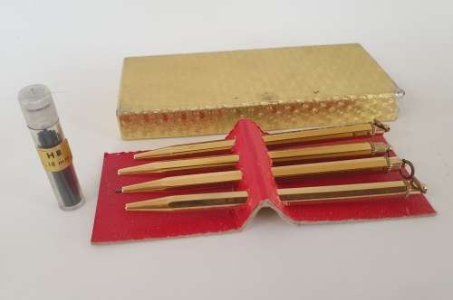 4 Vintage Brass mechanical  GAMES pencils in Box with 0,8mm leads -extra Leads included