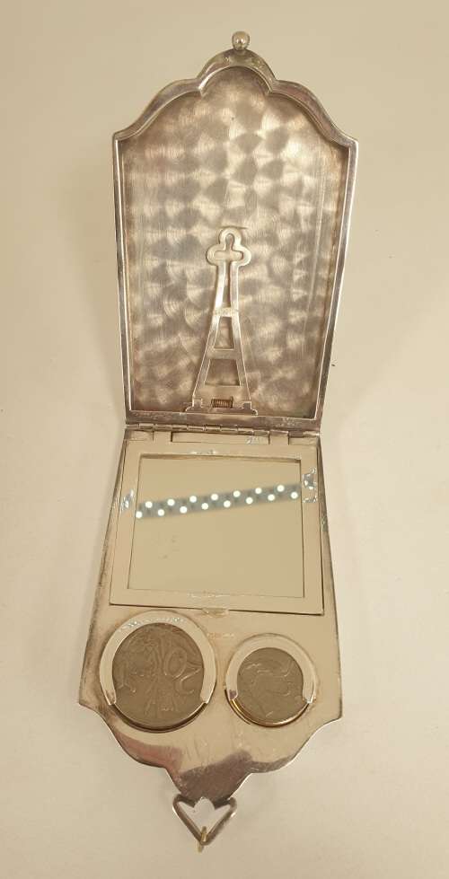 Rare Antique silver plated coin or change purse with Mirror- 2 old coins included