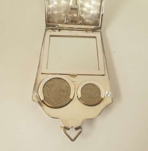 Rare Antique silver plated coin or change purse with Mirror- 2 old coins included