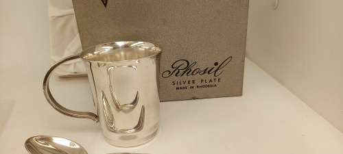 RARE !!! Vintage RHOSIL Silver Plate Cup spoon and Fork Gift set  Made in RHODESIA in original Box