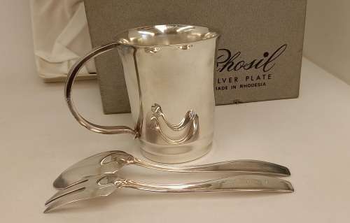 RARE !!! Vintage RHOSIL Silver Plate Cup spoon and Fork Gift set  Made in RHODESIA in original Box