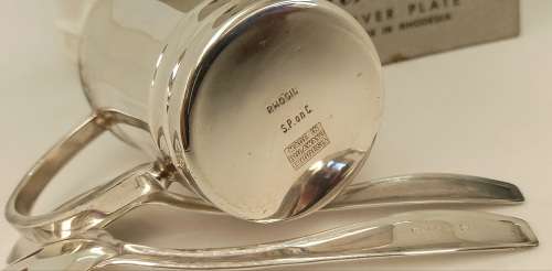 RARE !!! Vintage RHOSIL Silver Plate Cup spoon and Fork Gift set  Made in RHODESIA in original Box