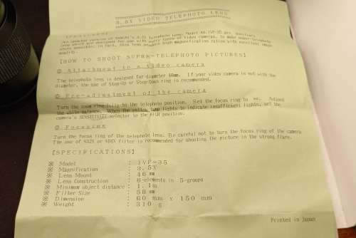 Marumi IVP 35 teleconversion lens -3,5X Video Telephoto Lens -Lens Mount 46mm